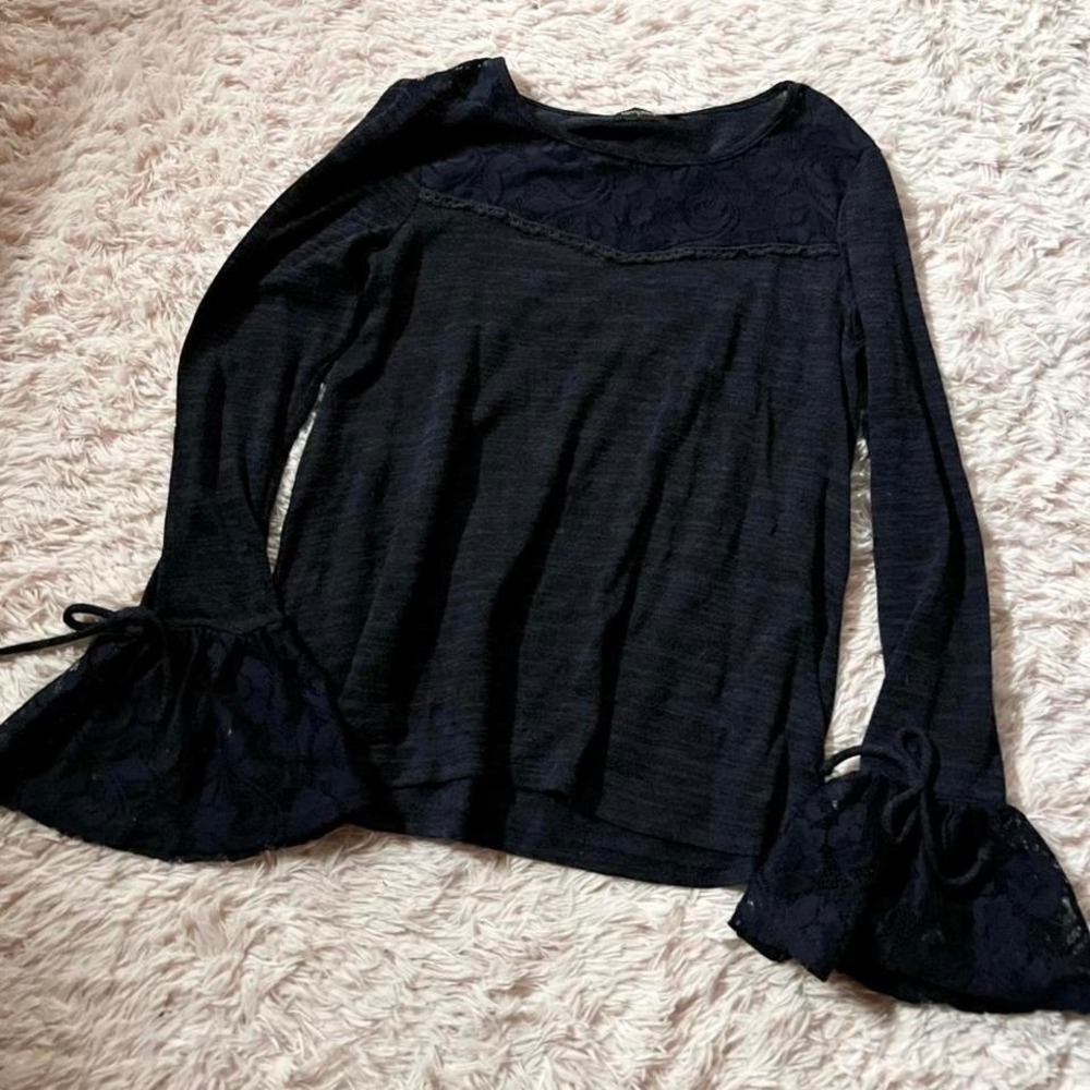 Navy Lace Cottage Core‎ Romantic Witchy Dark Fairy Whimsygoth Bell Sleeve Blouse